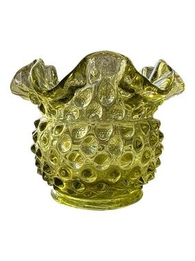 Vintage Fenton Olive Green Hobnail Ruffled Glass Bowl
